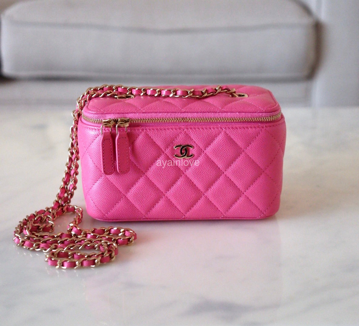 CHANEL 20S Pink Caviar Rectangular Vanity On Chain Light Gold Hardware