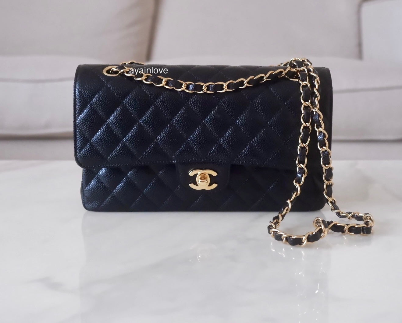 CHANEL Black Caviar Medium/Large Microchipped Classic Flap Bag Gold Hardware