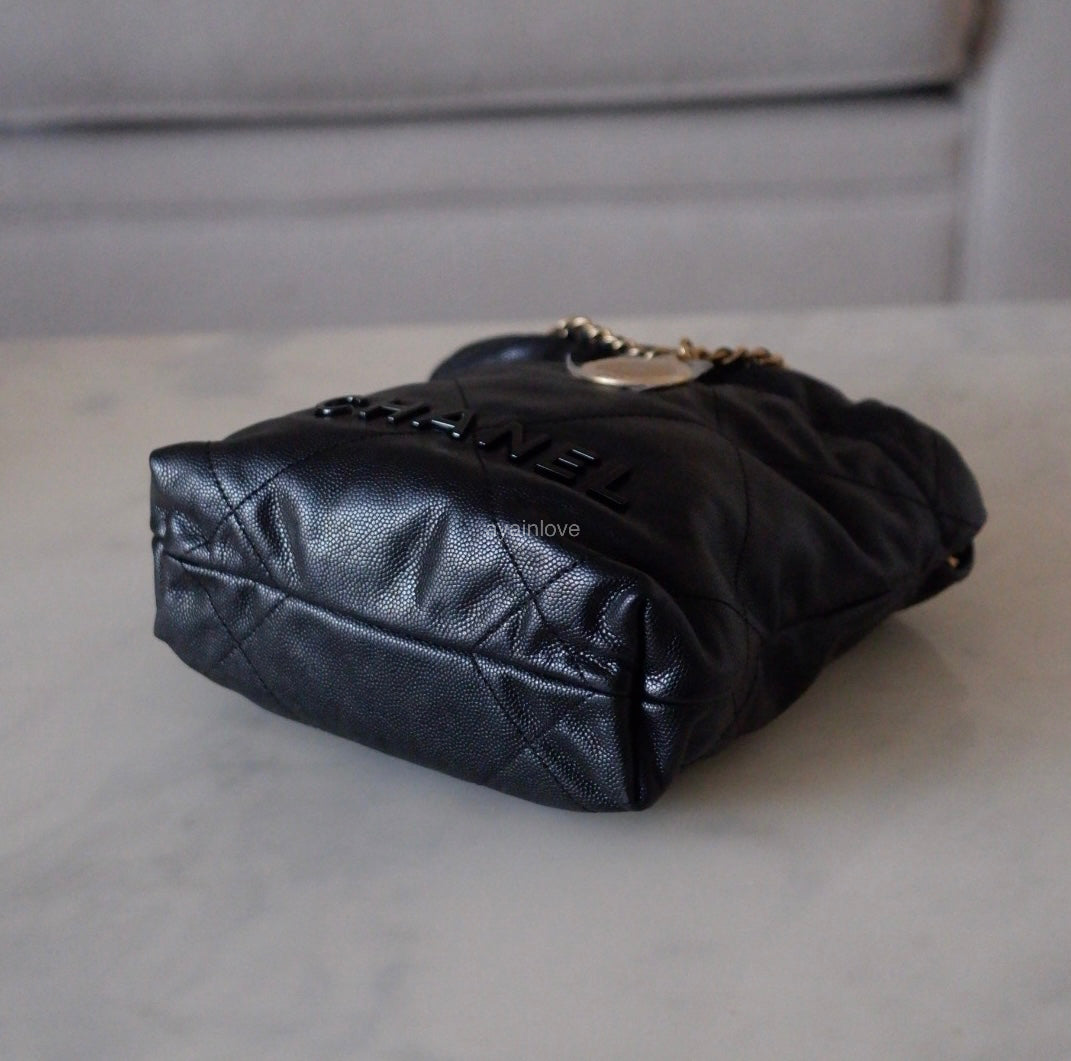 CHANEL Mini 22 Microchipped Black Caviar Bag Gold Hardware