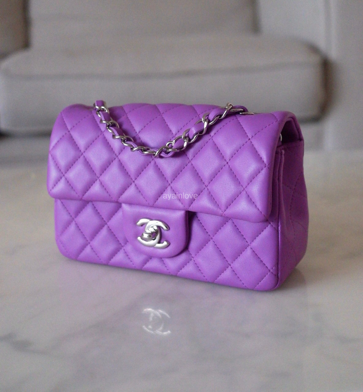 CHANEL 20C Purple Lambskin Quilted Rectangular Mini Flap Bag Silver Hardware