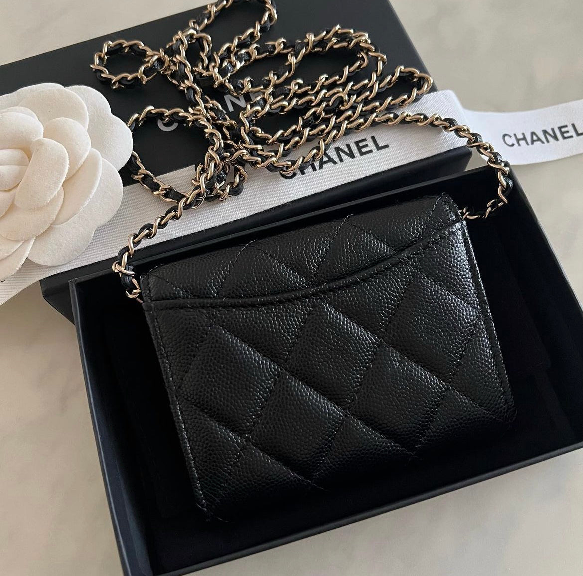 CHANEL Black Caviar XL Snap Card Holder on Chain Light Gold Hardware