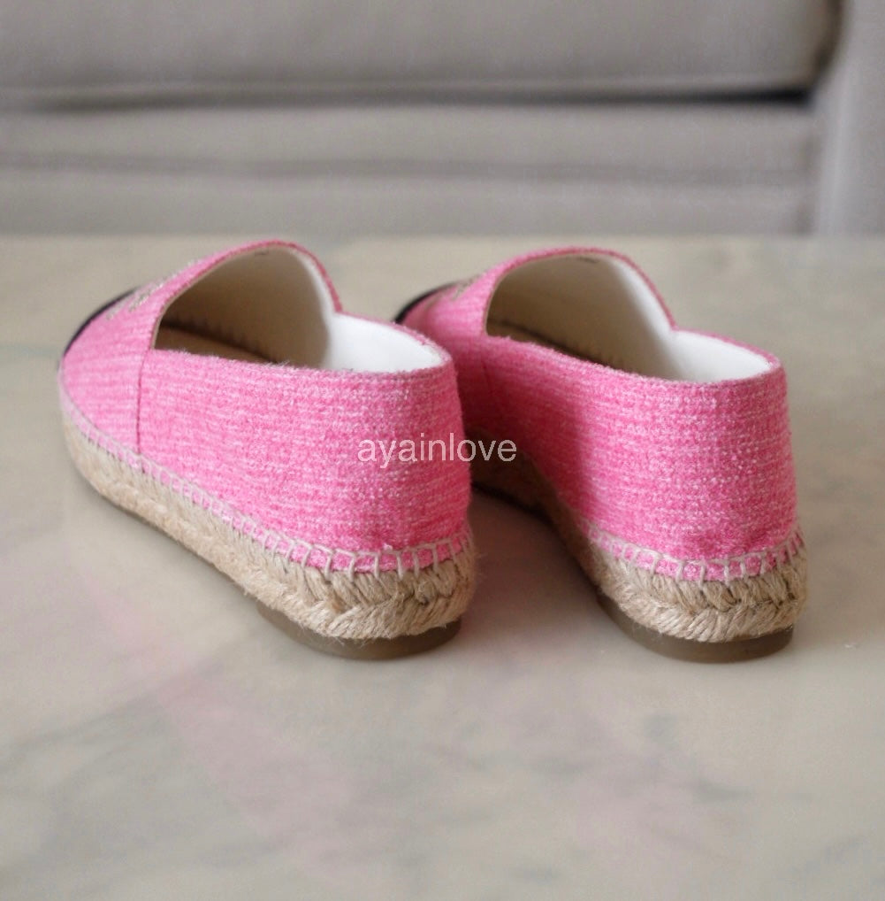 CHANEL Pink Gold Tweed Espadrilles Shoes Size 38 EU