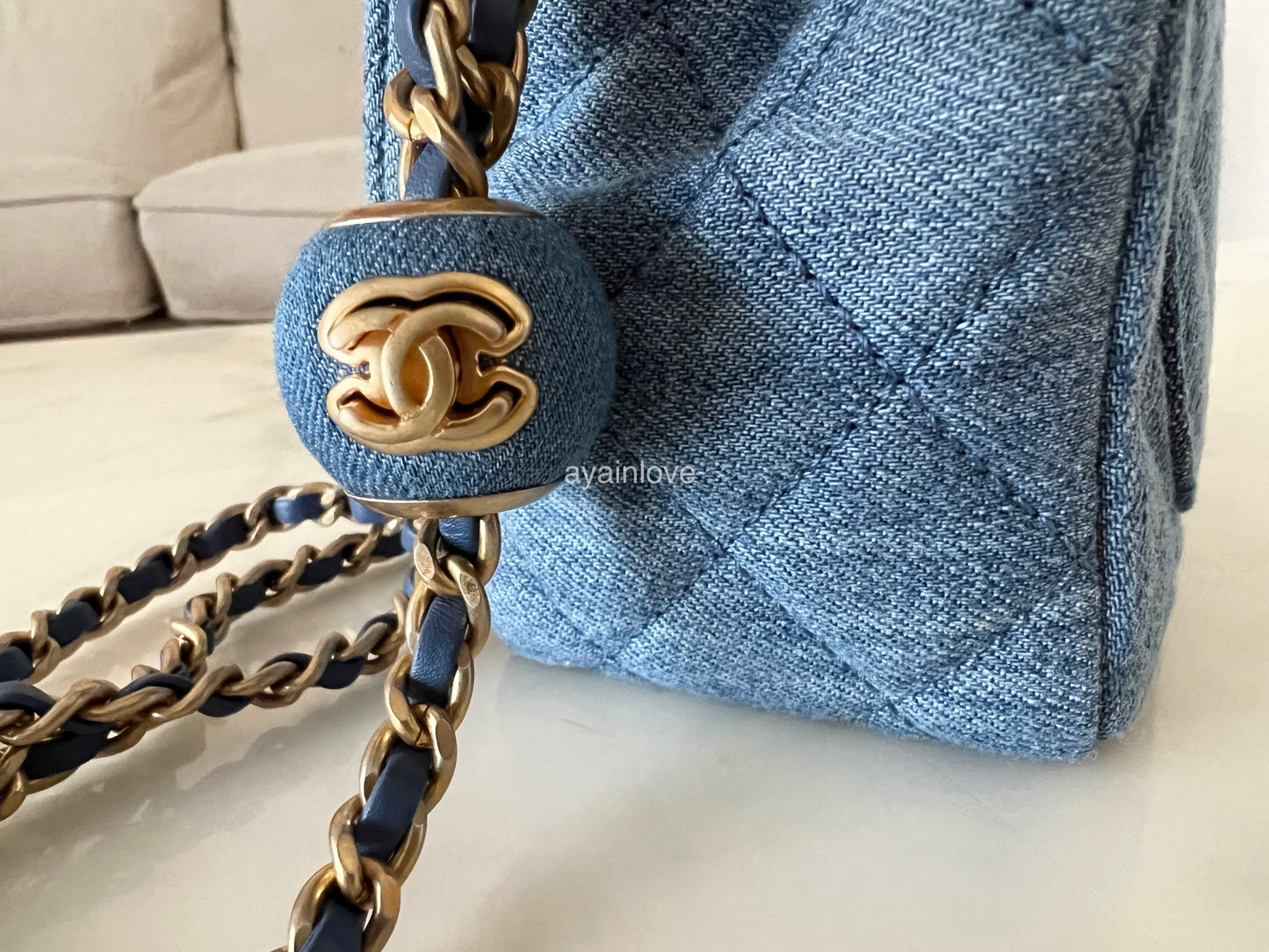 CHANEL 22C Blue Denim Pearl Crush Square Mini Flap Bag Gold Hardware