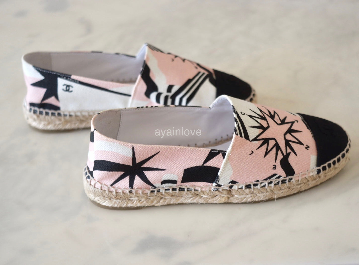 CHANEL 19C Star Pink White Canvas Espadrilles Shoes Size 37 EU