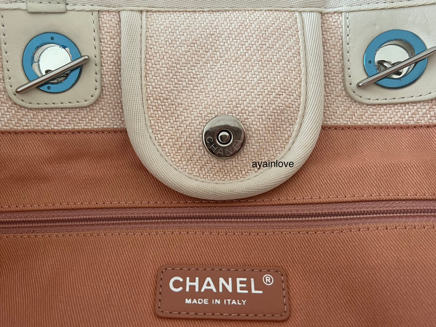 CHANEL Beige Pink Large Deauville Canvas Calf Skin Handle Silver Hardware