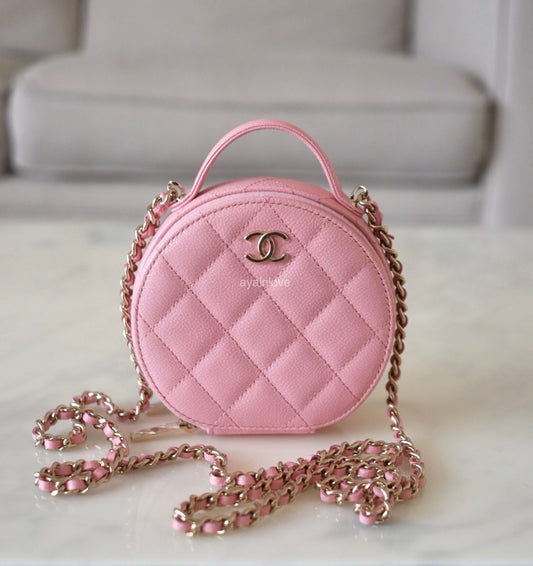 CHANEL 22C Sakura Pink Caviar Round Top Handle Vanity Light Gold Hardware