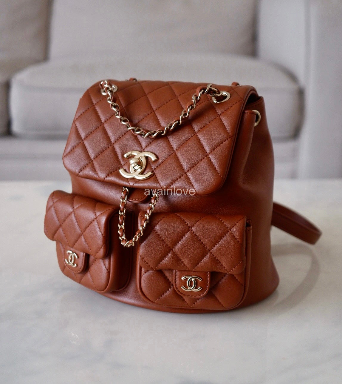 CHANEL Mini Duma Dark Brown Drawstring Double Pocket Backpack Microchipped Light Gold Hardware