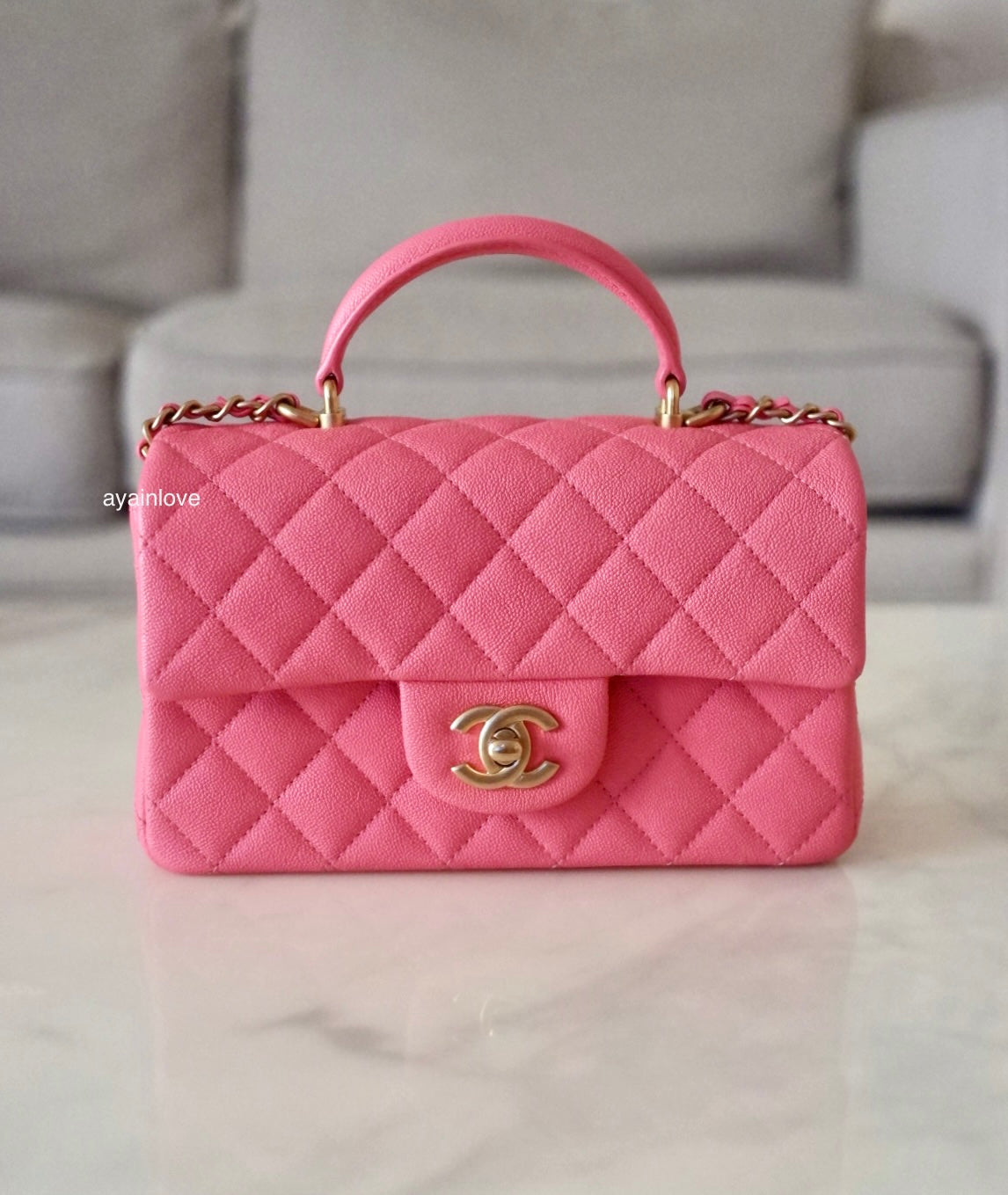 CHANEL 21S Pink Caviar Top Handle Rectangular Mini Brushed Gold Hardware