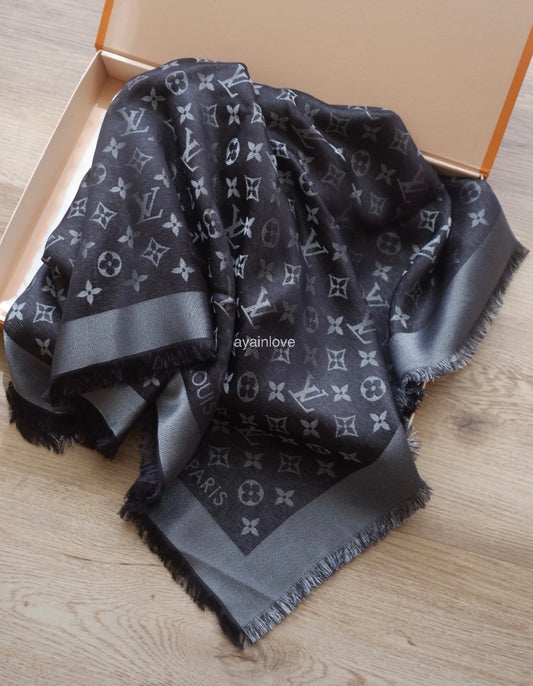 LOUIS VUITTON LV Monogram Shine Black M75123 Silk Wool Large Shawl Scarf Stole