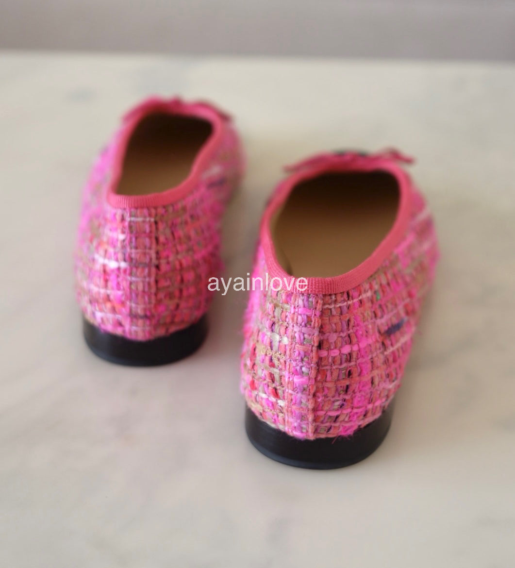 CHANEL CC Pink Multicolour Tweed Ballet Shoes Size 38 EU