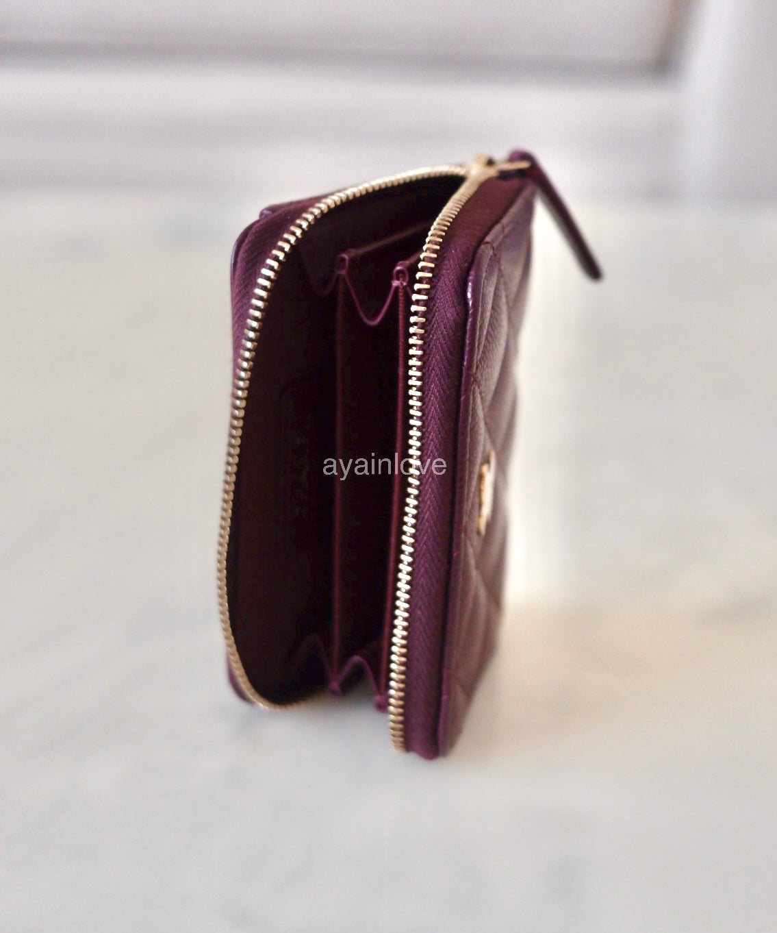 CHANEL 24B Burgundy Caviar Zippy Card Holder Wallet Light Gold Hardware