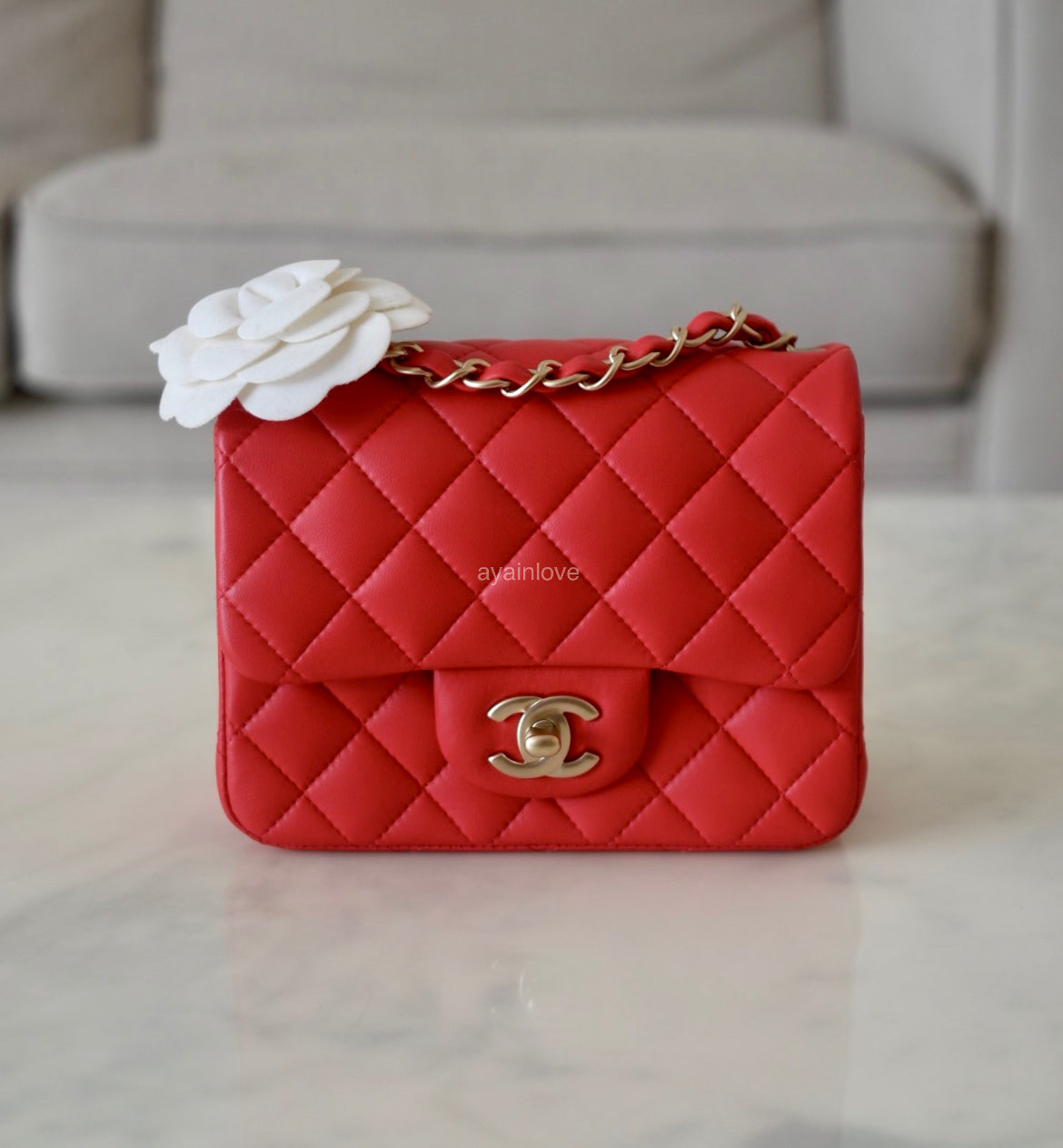 CHANEL 13S Red Lambskin Quilted Square Mini Flap Bag Matte Gold Hardware