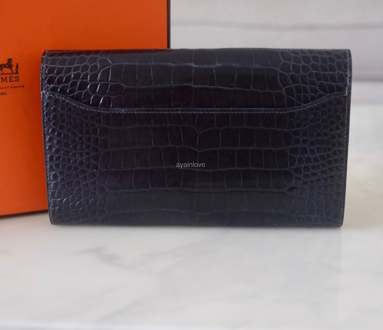 HERMES Constance Blue Indigo Bicolor Verso Shiny Alligator Long Wallet To Go Rose Gold Hardware