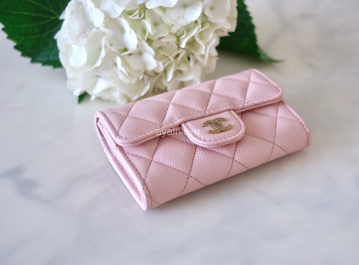 CHANEL 23K Light Pink Caviar Classic Small Snap Card Holder Light Gold Hardware