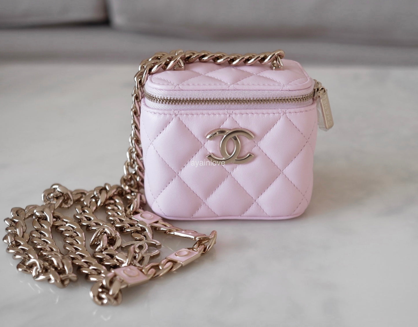 CHANEL 22S Light Pink Lamb Skin Square Vanity on Coco Chain Strap Light Gold Hardware