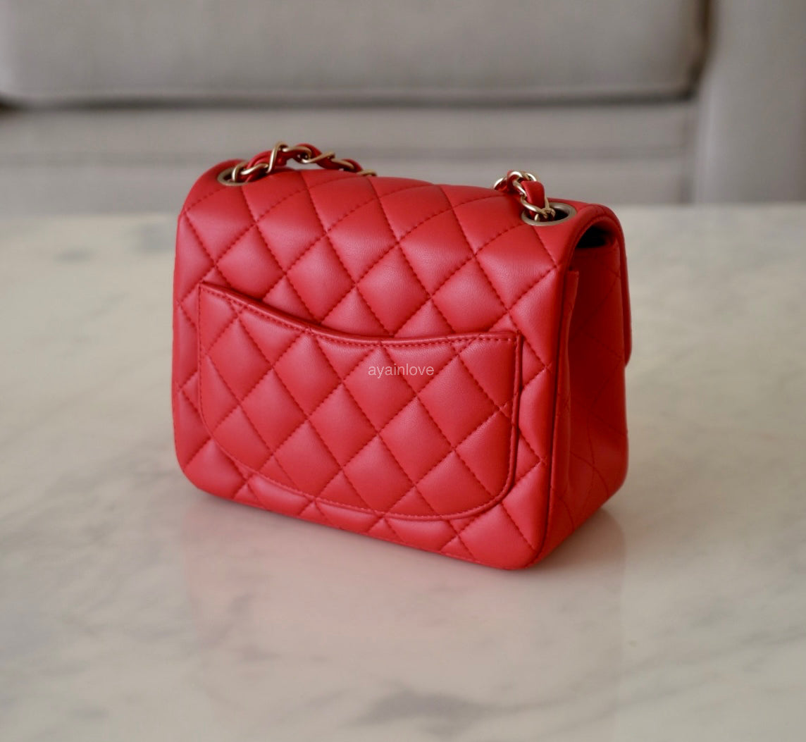 CHANEL 13S Red Lambskin Quilted Square Mini Flap Bag Matte Gold Hardware