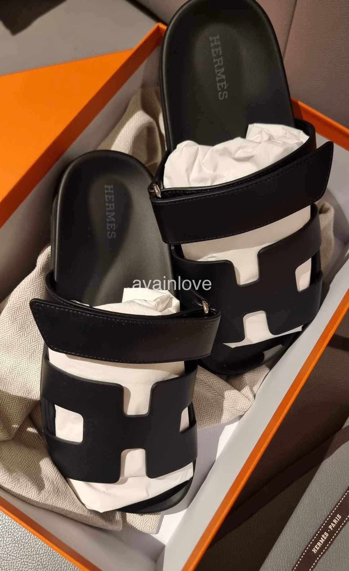 HERMES Black Noir Chypre Calfskin Sandals Size 37.5EU