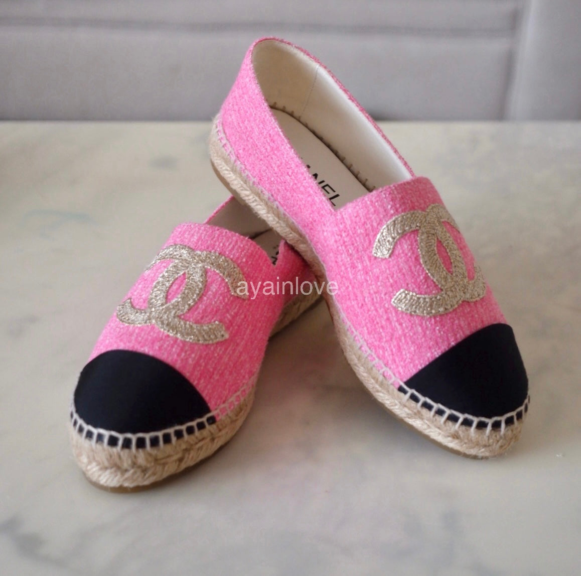 CHANEL Pink Gold Tweed Espadrilles Shoes Size 38 EU