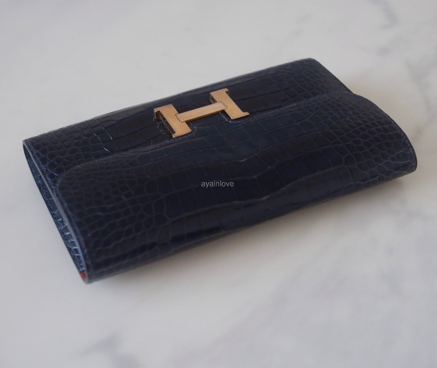 HERMES Constance Blue Indigo Bicolor Verso Shiny Alligator Long Wallet To Go Rose Gold Hardware