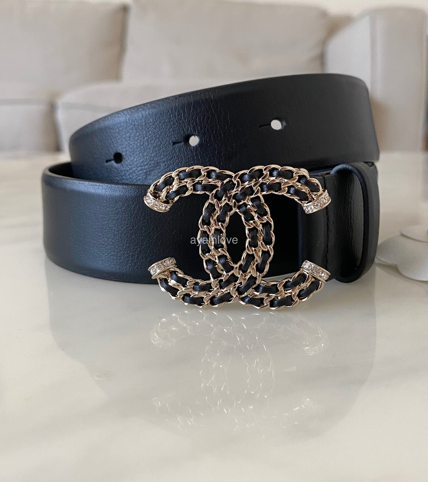 CHANEL 21B Black CC Diamante Leather Chain Belt Size 70 Light Gold Hardware