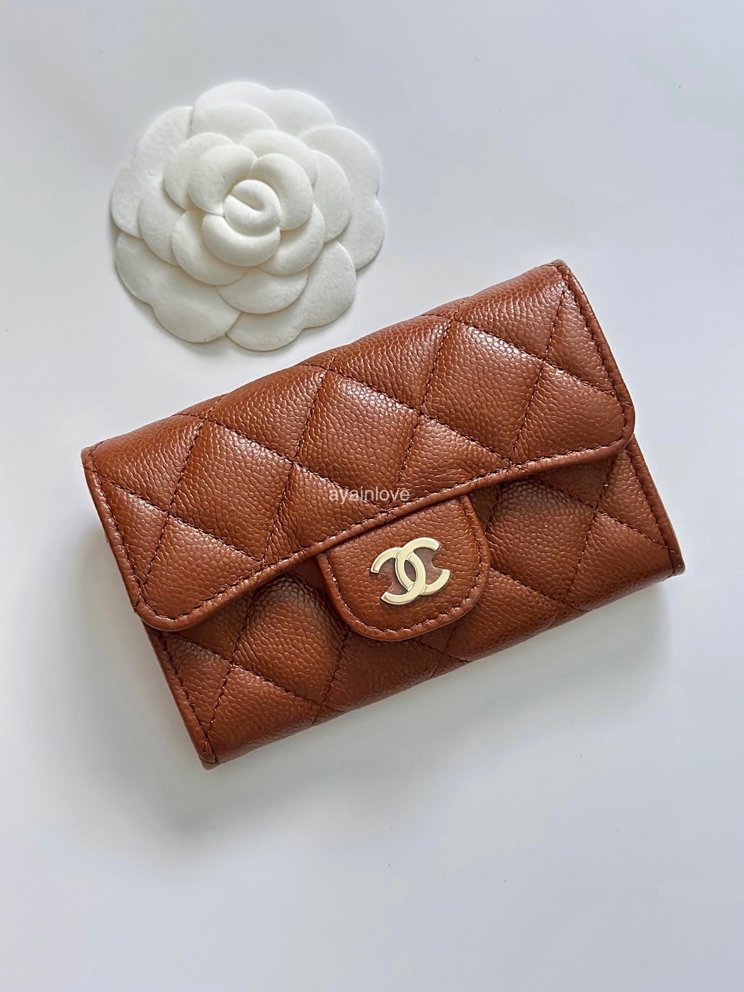 CHANEL 23A Caramel Brown Caviar Classic Small Snap Card Holder Light Gold Hardware is