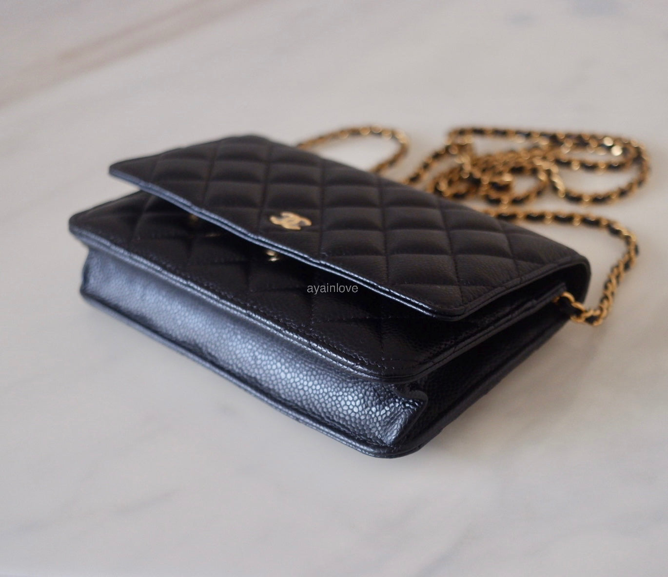 CHANEL Black Caviar Microchipped Classic Wallet On Chain Gold Hardware