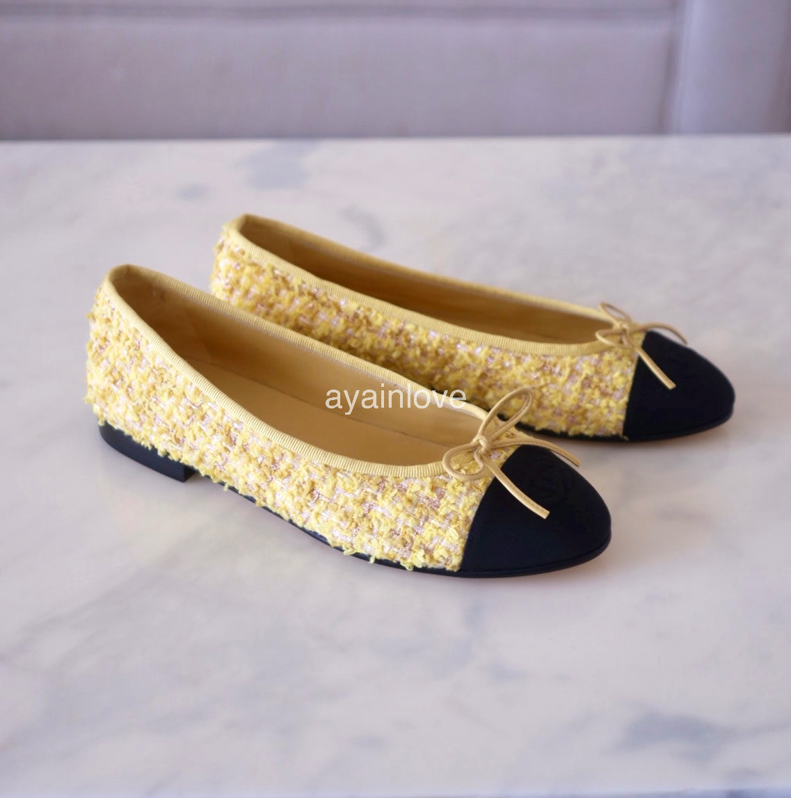 CHANEL CC Yellow Gold Tweed Ballet Shoes Size 38 EU