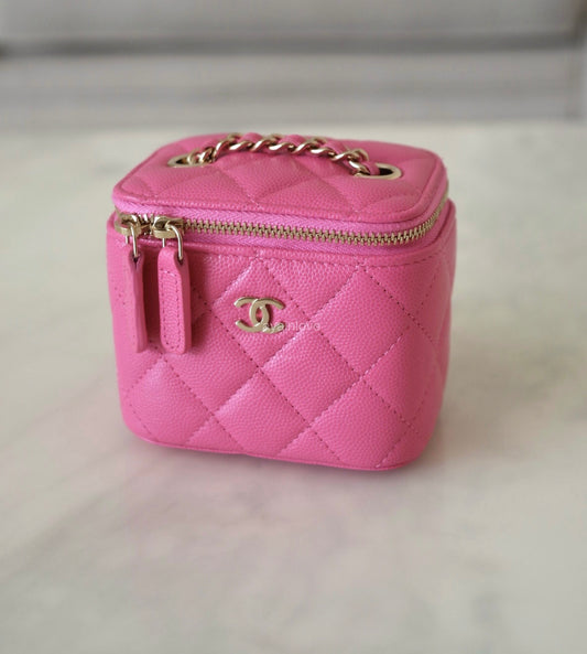 CHANEL 20S Pink Caviar Square Vanity On Chain Light Gold Hardware