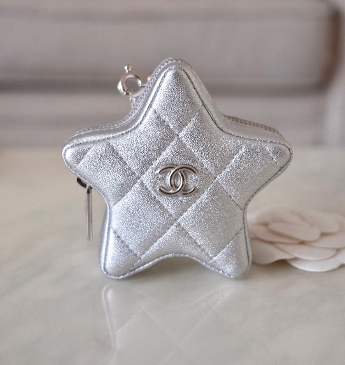 CHANEL Metallic Silver Walk Of Fame Star Clip On Zip Coin Purse Silver Hardware