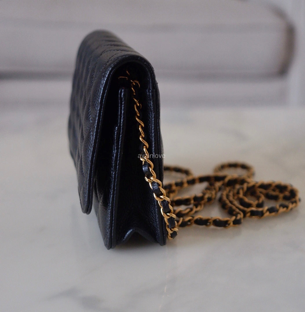 CHANEL Black Caviar Microchipped Classic Wallet On Chain Gold Hardware