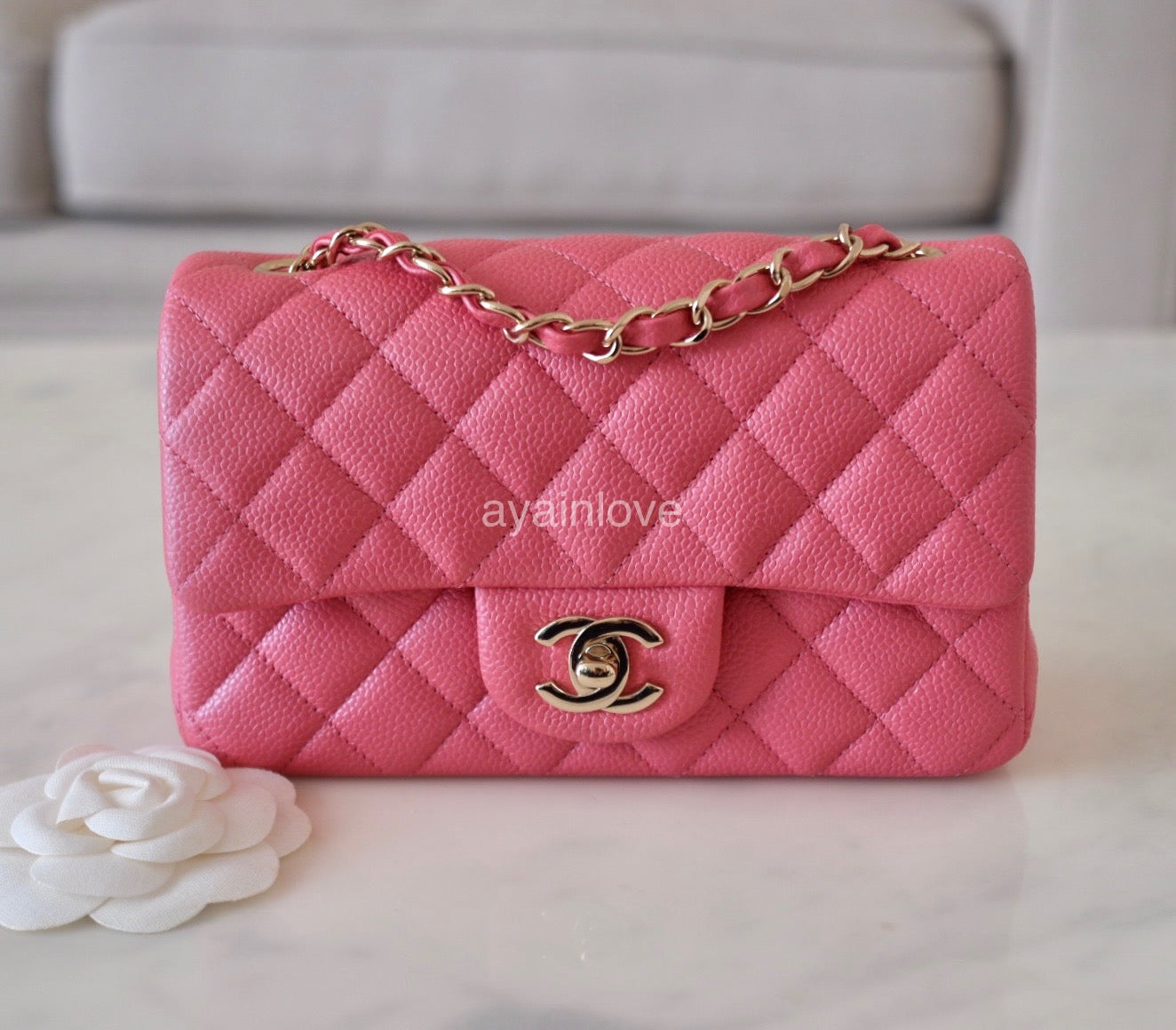 CHANEL 18S Pearly Pink Caviar Rectangular Mini Flap Bag Light Gold Hardware