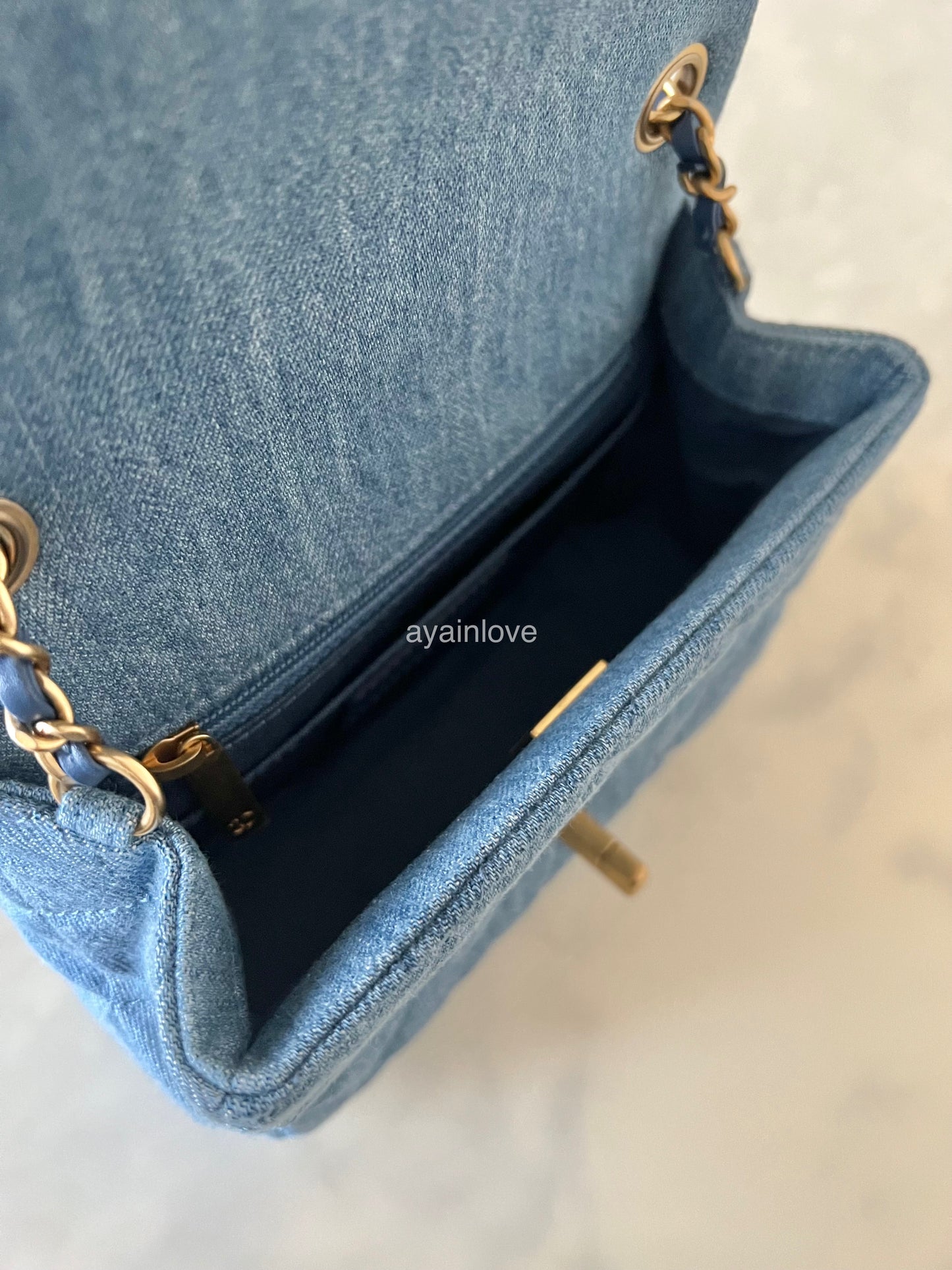 CHANEL 22C Blue Denim Pearl Crush Square Mini Flap Bag Gold Hardware