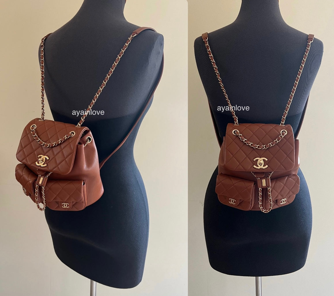 CHANEL Mini Duma Dark Brown Drawstring Double Pocket Backpack Microchipped Light Gold Hardware