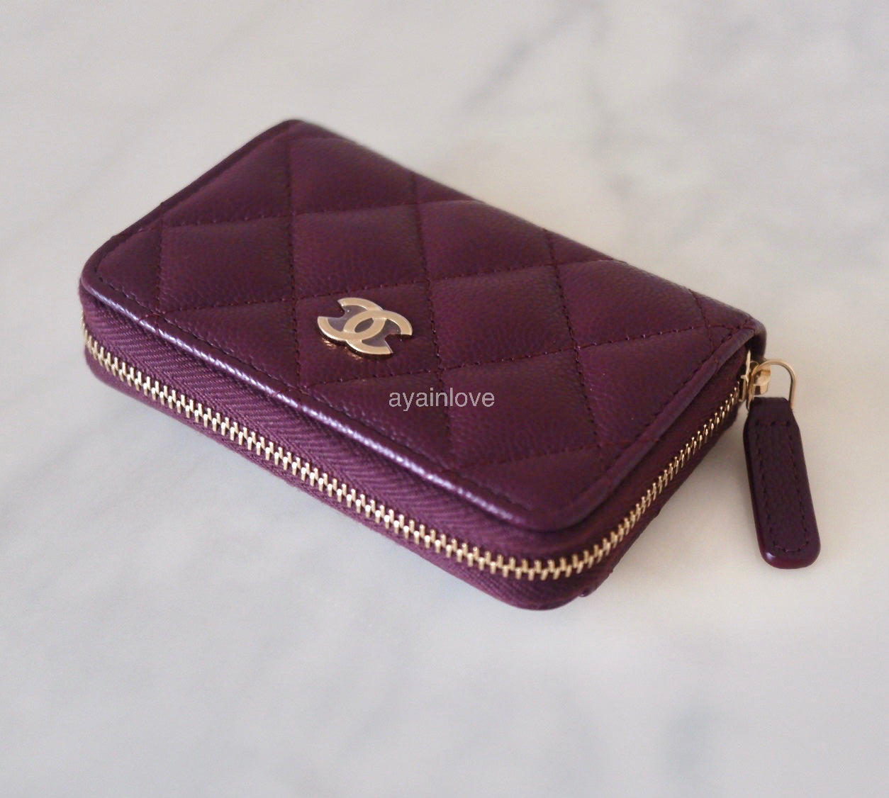 CHANEL 24B Burgundy Caviar Zippy Card Holder Wallet Light Gold Hardware