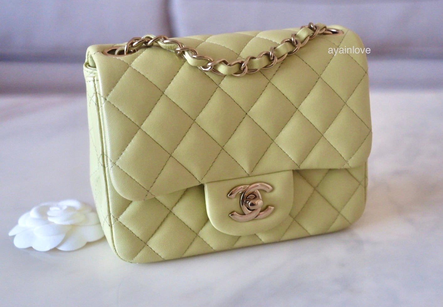 CHANEL 23C Light Green Microchipped Classic Quilted Square Mini Flap Bag Light Gold Hardware