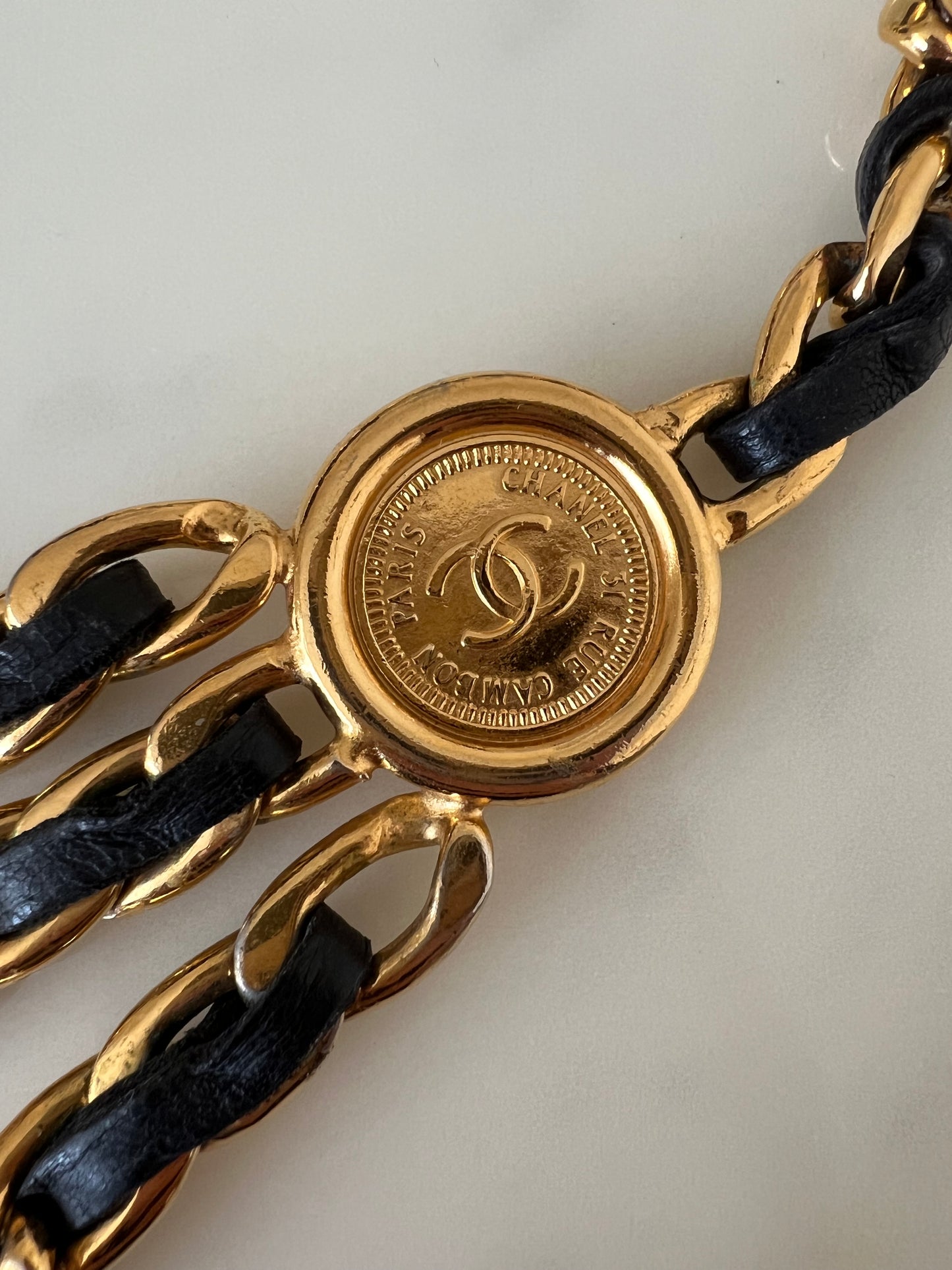 CHANEL Vintage Black Triple Leather Chain Medallion CC Belt 24KT Gold Plated Hardware