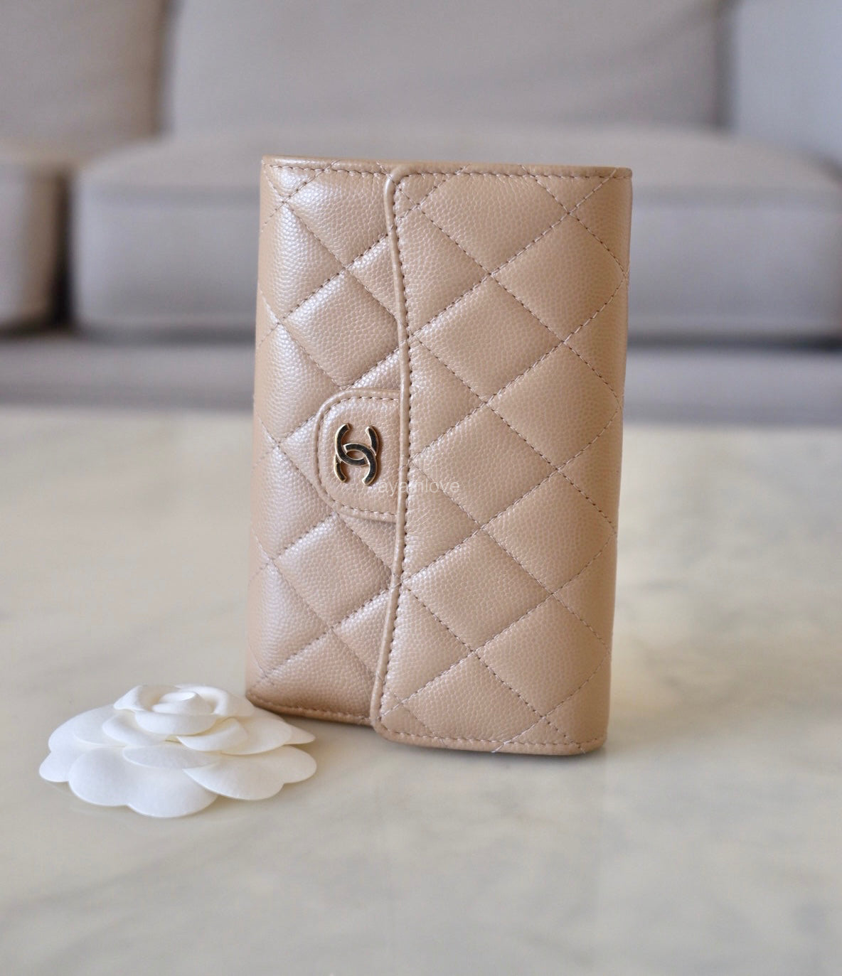 CHANEL Beige Caviar Medium Trifold Wallet Light Gold Hardware AYAINLOVE CURATED LUXURIES