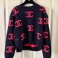 CHANEL 21P Cashmere Navy Blue Pink CC Logo Sweater Pullover Knitwear Size 42FR