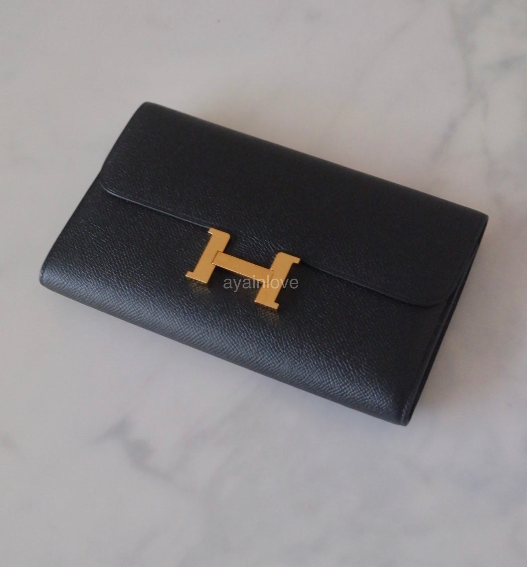 HERMES Constance Noir Black Epsom Long Flap Wallet Gold Hardware