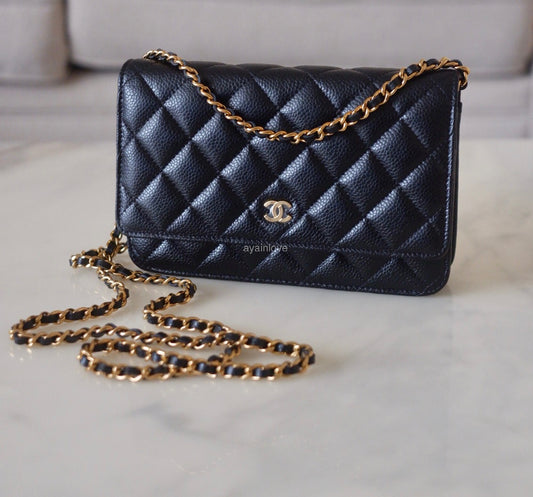 CHANEL Black Caviar Microchipped Classic Wallet On Chain Gold Hardware