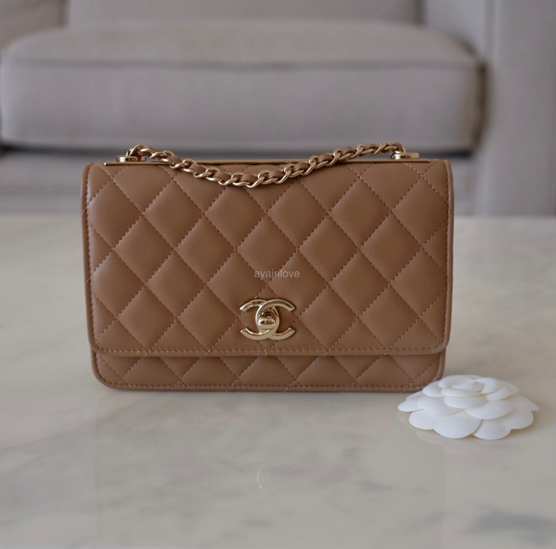CHANEL Beige Taupe Trendy Microchipped Lamb Skin Wallet on Chain WoC Light Gold Hardware