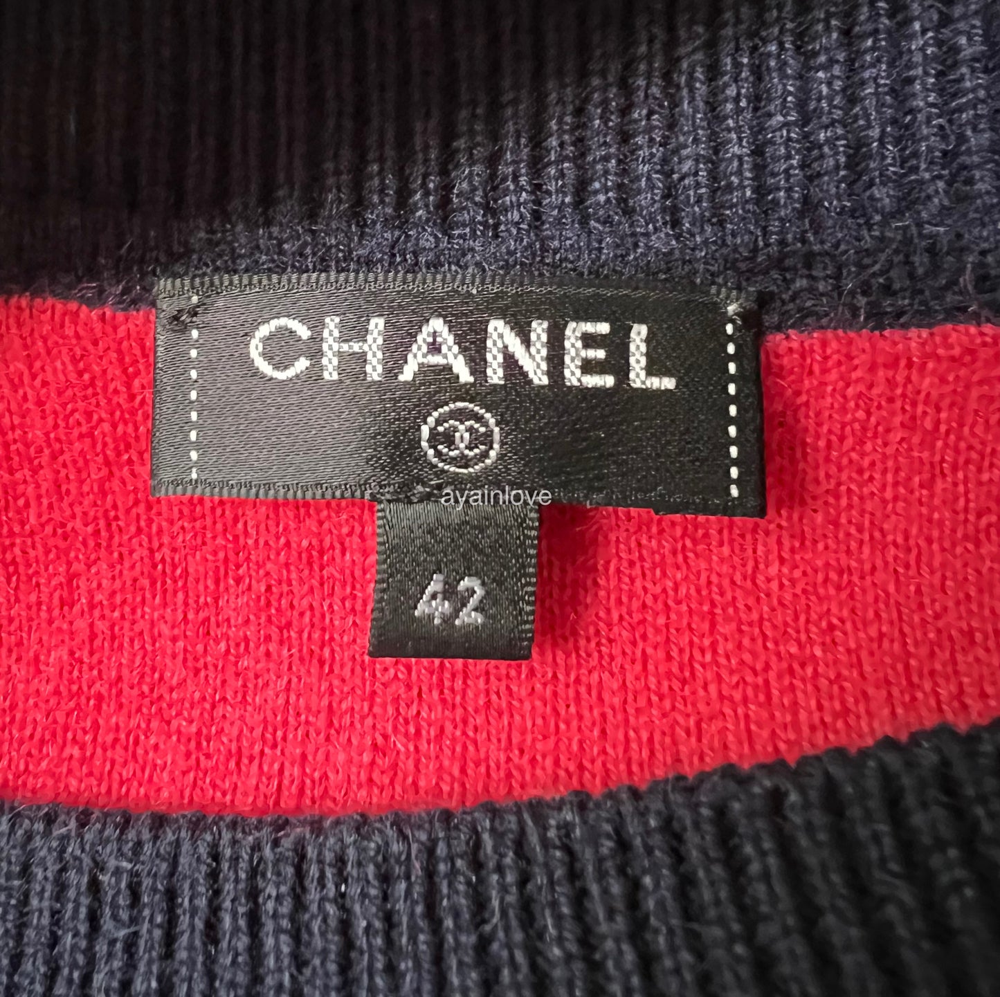 CHANEL 21P Cashmere Navy Blue Pink CC Logo Sweater Pullover Knitwear Size 42FR