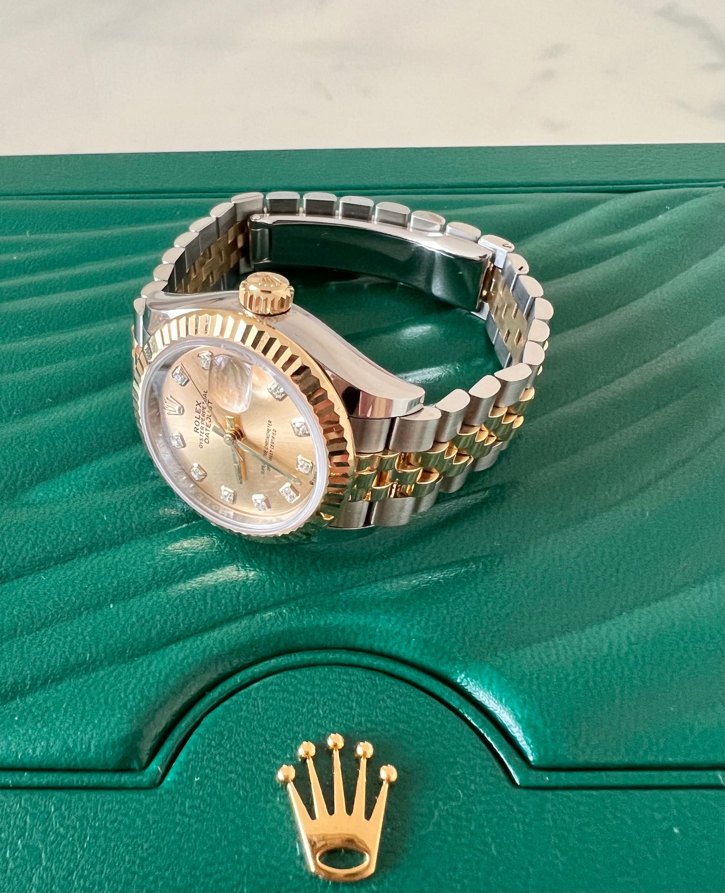 ROLEX Datejust 28 Champagne 10 Diamonds Dial Fluted Bezel Two-Tone Jubilee Bracelet 279173