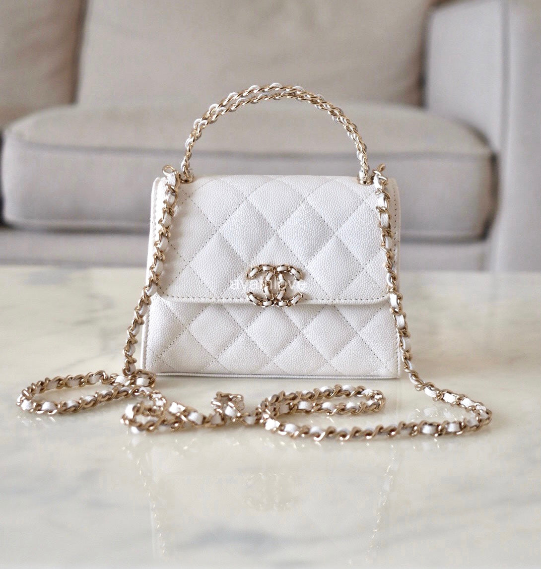 CHANEL 23P White Caviar Kelly Clutch Top Handle with Chain Light Gold Hardware