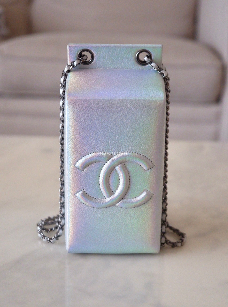 CHANEL 14K Limited Edition Runway Iridescent Silver Goatskin Lait de Coco Milk Carton Bag Shiny Ruthenium Hardware