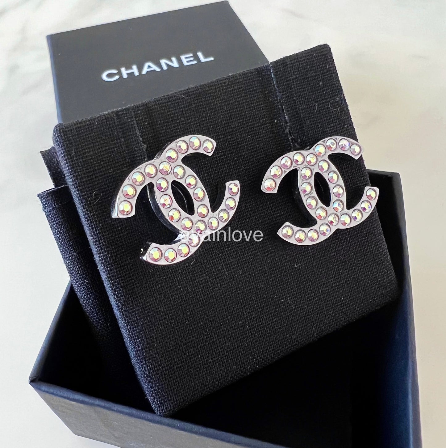 CHANEL 17K Rainbow Crystal CC Stud Medium Earrings Shiny Ruthenium Hardware