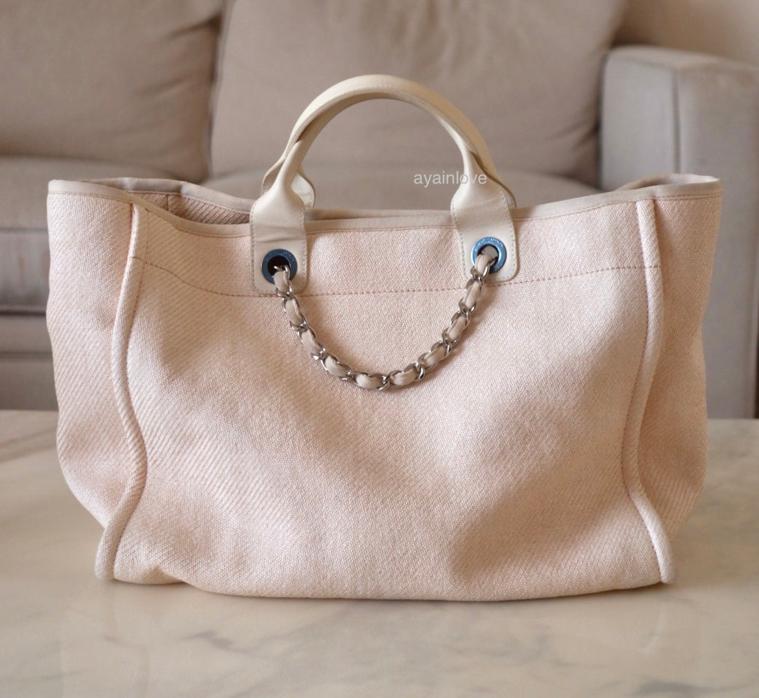 CHANEL Beige Pink Large Deauville Canvas Calf Skin Handle Silver Hardware