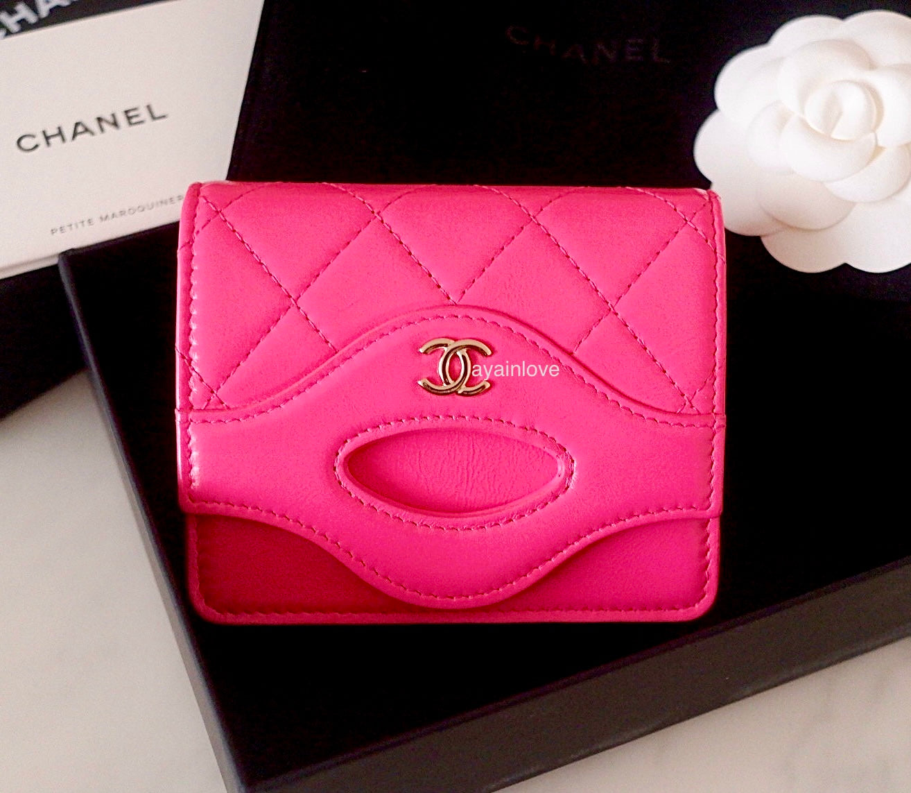 CHANEL 31 Hot Pink Shiny Calfskin Flap Card Holder Light Gold Hardware