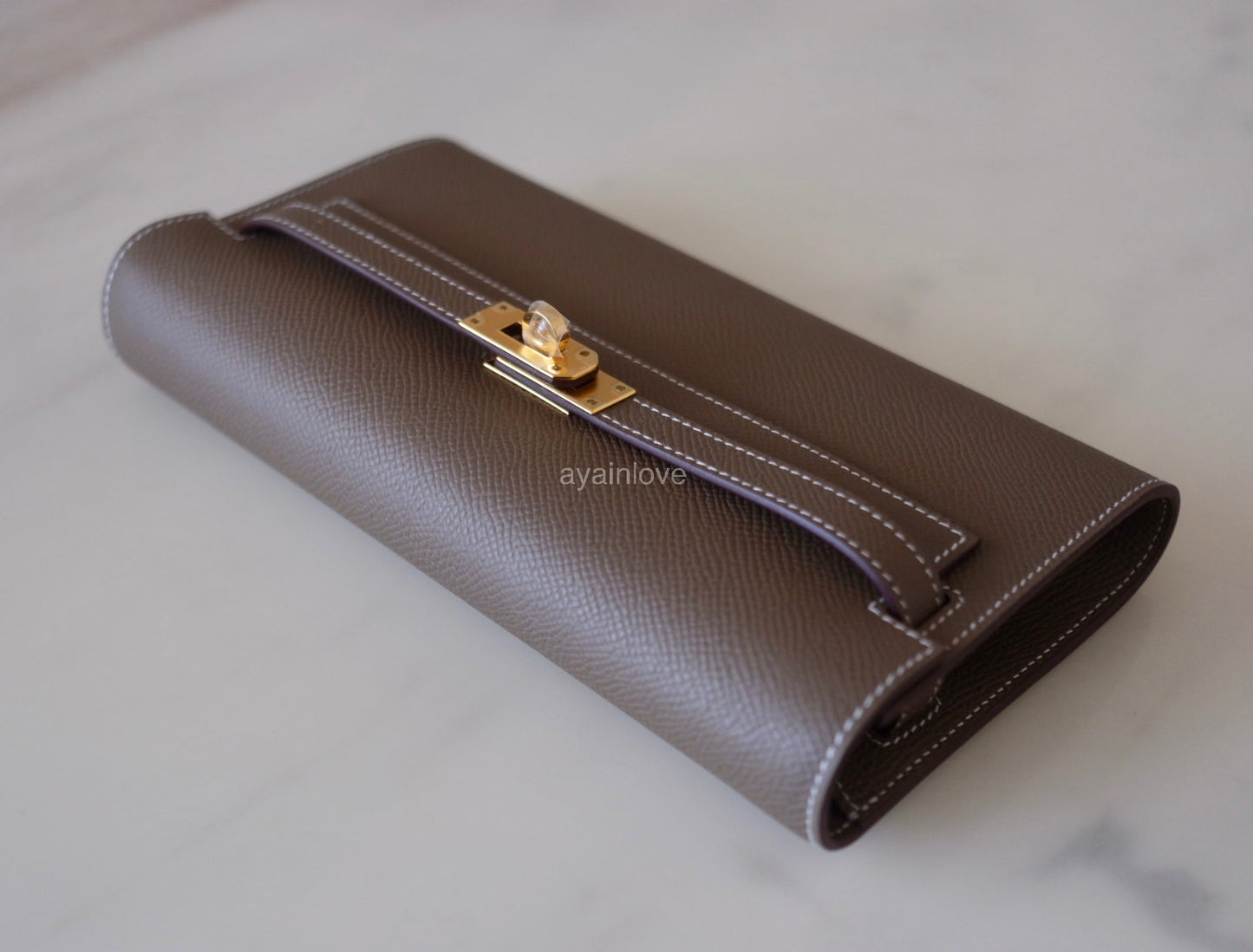 HERMES Kelly To Go 18 KTG Clutch Epsom Etoupe Gold Hardware