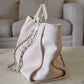 CHANEL Beige Pink Large Deauville Canvas Calf Skin Handle Silver Hardware